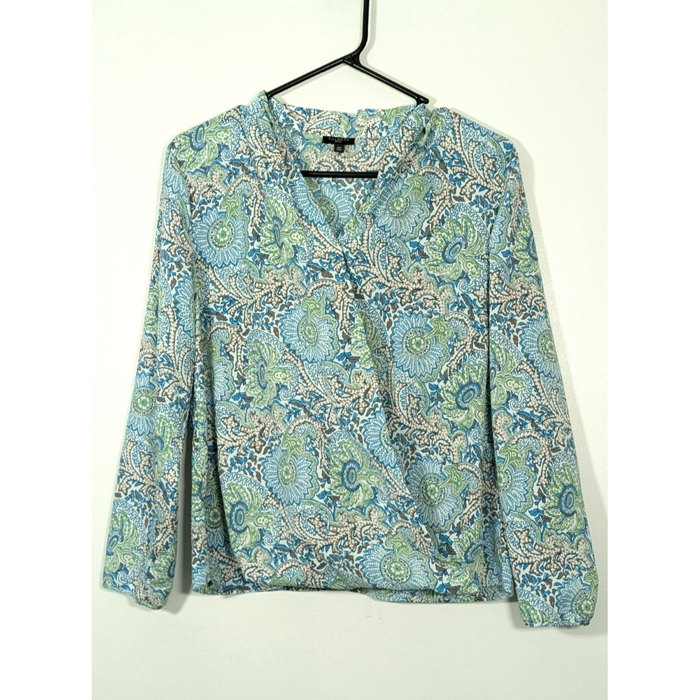 Talbots Petites Blouse 10P Blue Green Paisley V-Neck Long Sleeve Lightweight Top